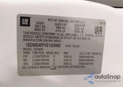 2016 Chevrolet Express 2500 Work Van из США, поврежденный, VIN 1GCWGAFF1G1324960